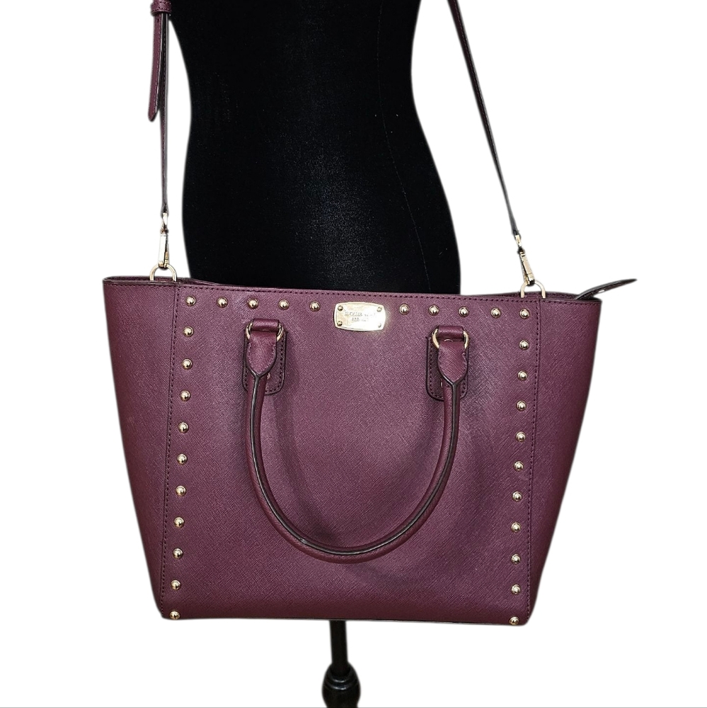 MICHAEL KORS SELMA Studded Satchel Bag Burgundy with Strap for Crossbody Wear.